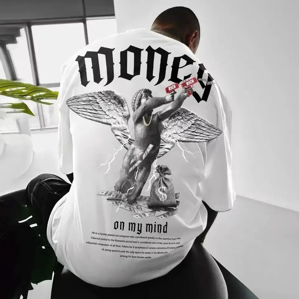 Fashionable Cotton Round Neck T-Shirt Loose Fit Angel Print Short Sleeves Round Neck T-Shirt For Men And Women